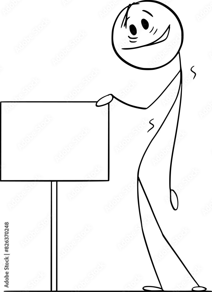 Poster Smiling drunken person holding empty sign, vector cartoon stick figure or character illustration.