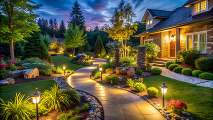 home yard landscape with garden and pathway