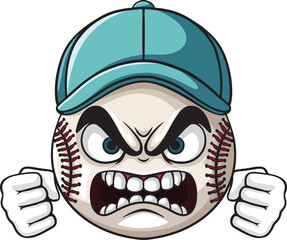 Cartoon angry baseball ball character wearing blue hat