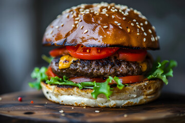 Gourmet Burger with Fresh Ingredients on a Wooden Platter, Perfect for Food Lovers and Culinary Promotions