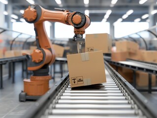 Industrial robotic arm placing cardboard boxes on a conveyor belt in a modern warehouse setting.