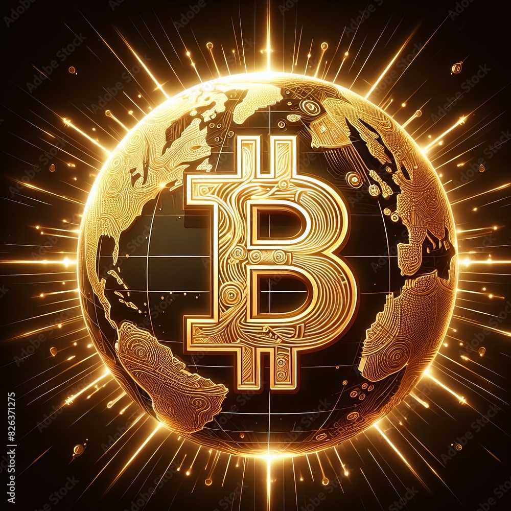 Poster a glowing bitcoin symbol superimposed on a stylized globe, surrounded by radiant light effects and c