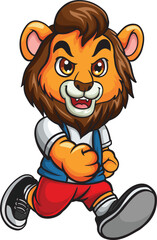 Cartoon happy lion character running 