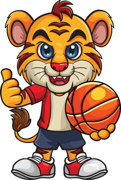 Cartoon tiger mascot holding basketball ball