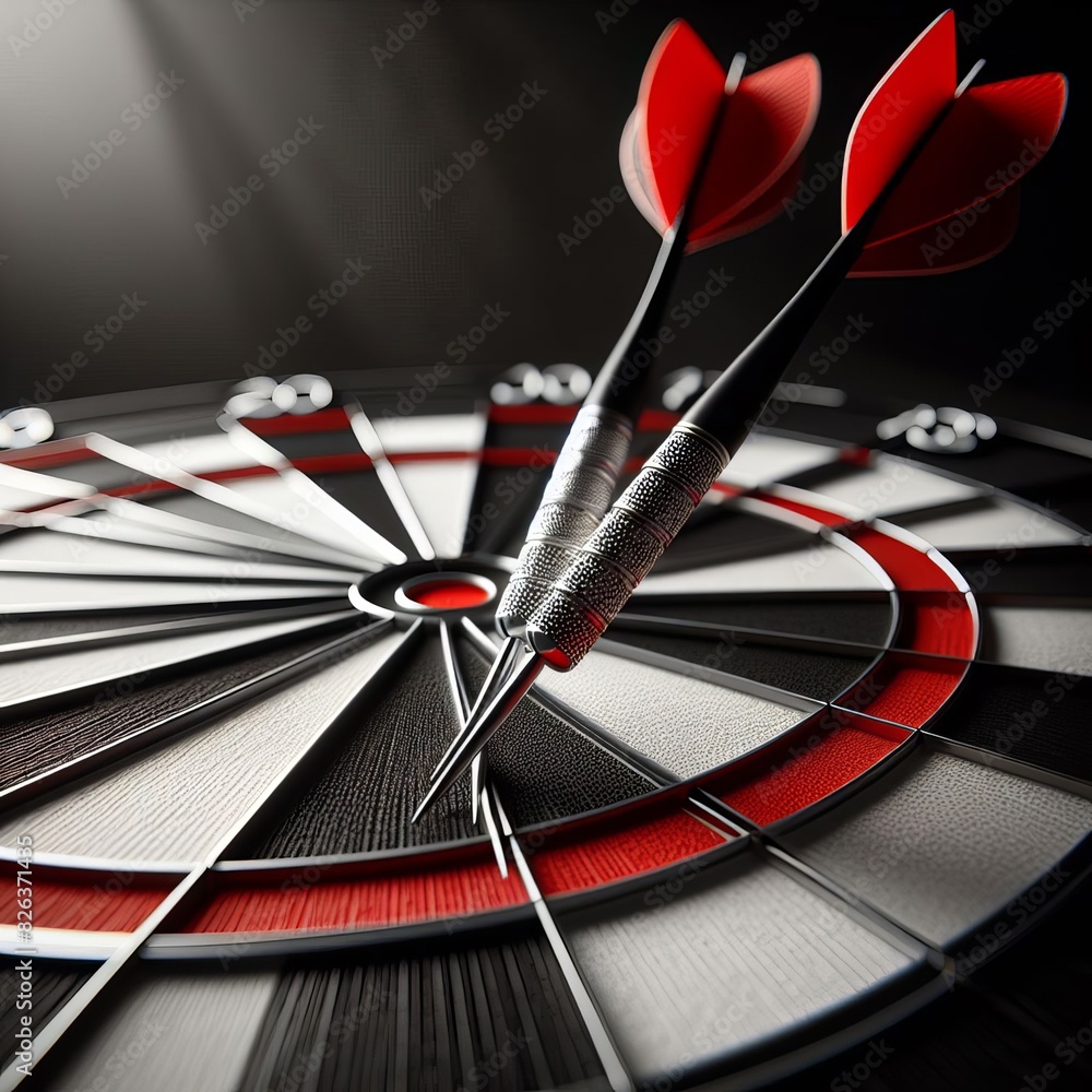 Poster a close-up view of three red darts accurately hitting the bullseye on a dartboard, illustrating prec