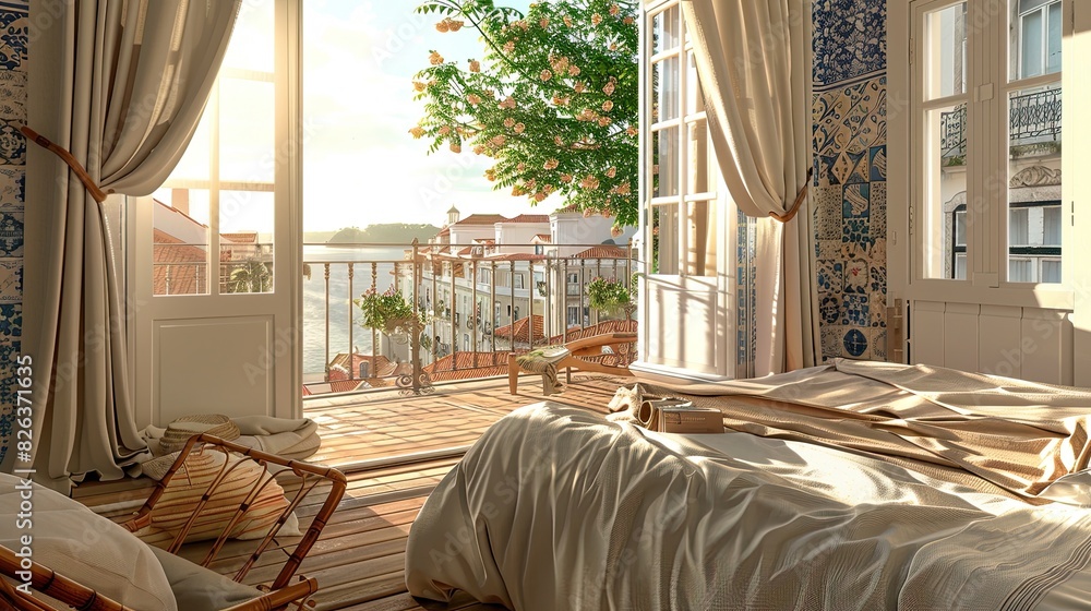 Wall mural bedroom with a Lisbon townhouse theme, including azulejo tile motifs, breezy linen curtains, and sunny, warm interiors