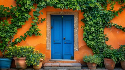 A picturesque blue doorway framed by vibrant, climbing ivy on a rustic orange wall. 