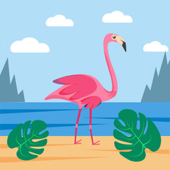 Pink flamingo near the beach between tropical green leaves.