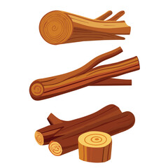 Lumber industry wood logs. Tree trunks, stumps, planks, piled firewood. Hardwood timber materials for lumber industry vector set.