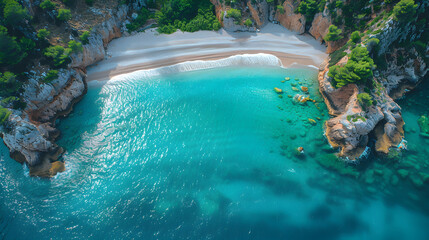 Obraz premium Aerial View of Rocky Beach and Turquoise Ocean Waters