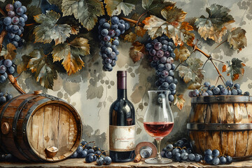 
pattern of [wine bottle+wine glass+grape+grape tree+wooden barrell], cozy color paltette --ar 3:2 --stylize 750