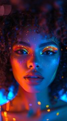 beautiful black woman with curly hair with neon shimmering makeup, vertical