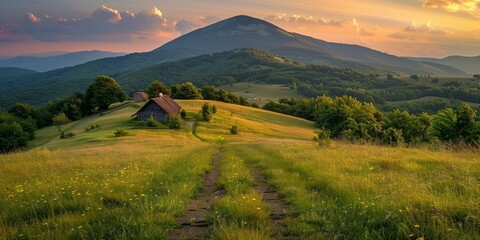 Rural mountain landscape with a lonely house
