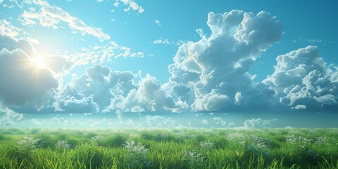 Fototapeta premium Beautiful landscape of green grass field under blue sky and white clouds