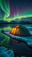 A glowing tent by a calm tranquil lake with the beautiful northern lights dancing in the sky