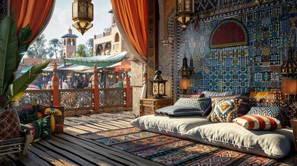 bedroom with a Moroccan kasbah theme, featuring colorful tiles, lanterns, and plush cushions