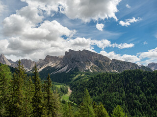 View of Monte Stevia, a mountain peak in the Gardena green valley, in the Dolomites, norther Italy,...