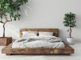 3D rendering of a modern bedroom interior with a white wall mock up and wooden bed background