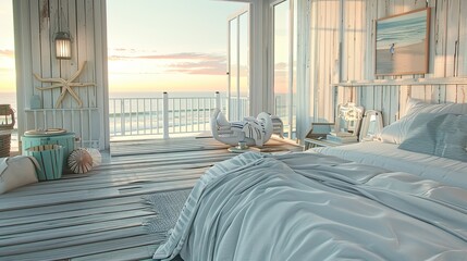 bedroom with a New England beach house theme, featuring light wooden planks, sea-themed decor, and crisp white linens