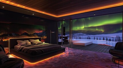 Naklejka premium bedroom with a Northern lights theme, featuring dark walls, glow-in-the-dark accents, and sleek, modern furniture