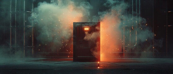 A black box with a red light on it is surrounded by smoke