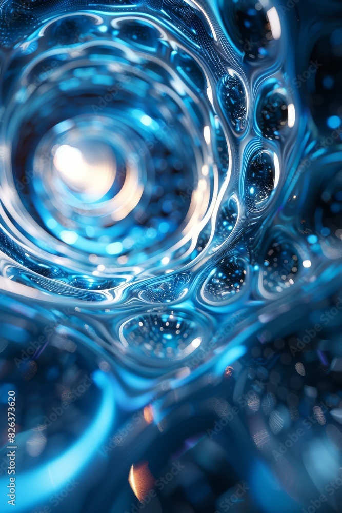 Poster blue and white abstract 3d rendering of a vortex with a glowing center