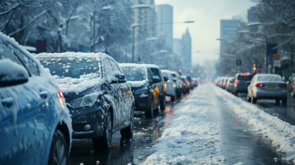 Snowy Cars Parked on a City Street