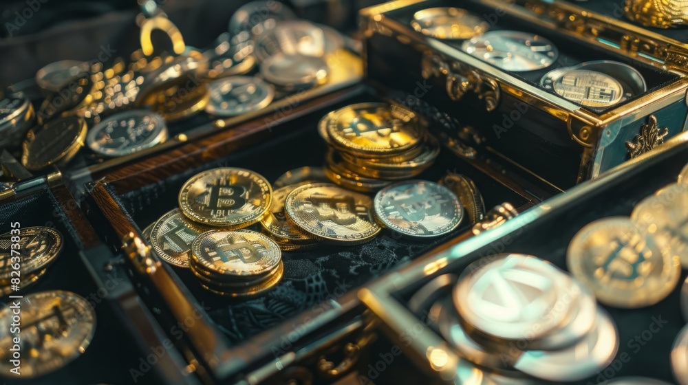 Poster multiple bitcoins are placed on a table, creating a visually striking display of digital currency.