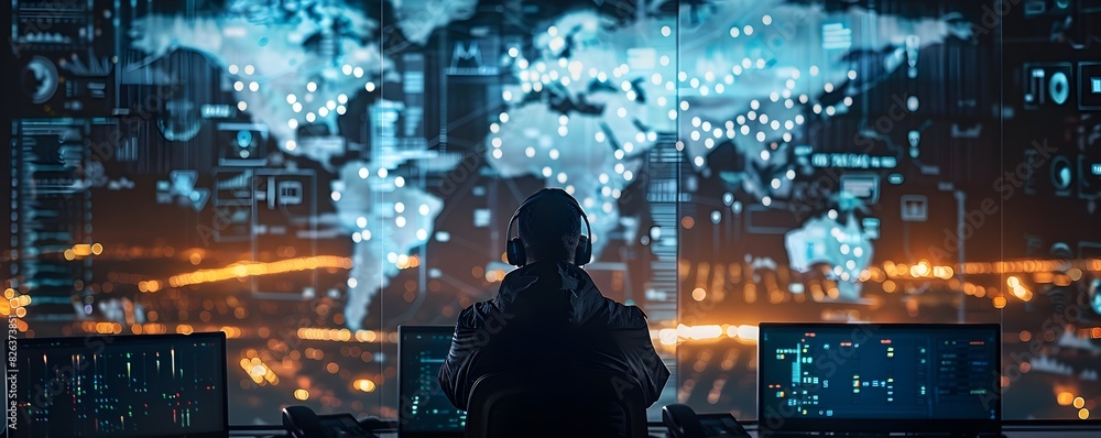 Poster cybersecurity command center monitoring global threats in real time for proactive defense and risk m
