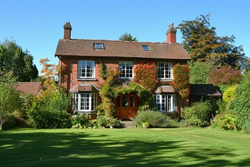 Traditional English Country House with Red Brick Exterior and Garden