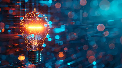 Light bulb flashing on digital technology background for business concept and innovation concept
