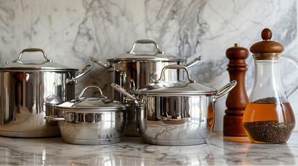 There are several stainless steel cooking pots and pans on a marble table.

