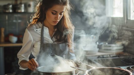 Young Woman Cooking a Meal in a Home Kitchen
