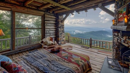 bedroom with a rustic Appalachian trail cabin theme, including hand-hewn log walls, a stone fireplace, and cozy quilts