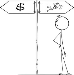 Choose money or children, vector cartoon stick figure or character illustration.