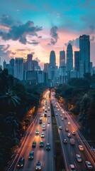 Fototapeta premium Futuristic Elevated Cycling Highway Eases Urban Congestion at Sunset