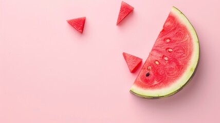 Sliced watermelon with seeds on pink background