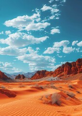 Naklejka premium A Vast Red Desert with Sand Dunes Under a Clear Blue Sky