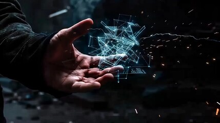 A businessman's hand holds a glowing abstract hologram of a global network and data transfer against a dark background