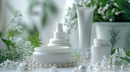 White Cosmetic Bottles and Jars with Pearls and Flowers