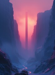 A monolith in a canyon at sunset