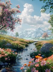 mountain stream in a valley with flowers