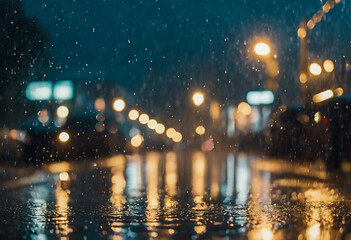 Heavy rain on the street in the city at night