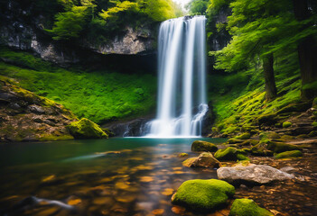 Landscape of a waterfall in nature with flowing effect, long exposure time