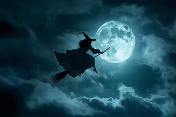 A witch on a broomstick flies against the background of a full moon, dark sky and clouds