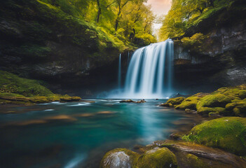 Landscape of a waterfall in nature with flowing effect, long exposure time