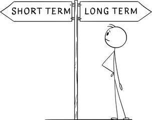 Choose or decide long term or short term, vector cartoon stick figure or character illustration.