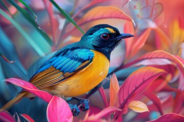 Colorful bird with vivid plumage perched amidst vibrant tropical foliage
