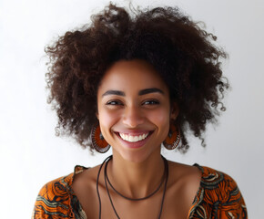 Radiant Young African American Woman with Curly Hair and Vibrant Smile, Wearing Colorful Attire