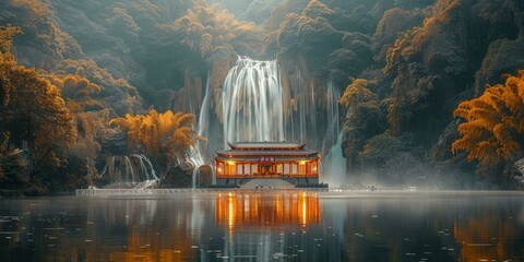 A pavilion by the waterfall in the misty mountains